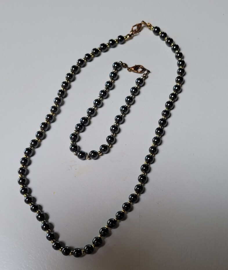 Vintage 20cm Gold Tone Black Hematite Stone 6mm Bead Bracelet & 45cm Necklace
