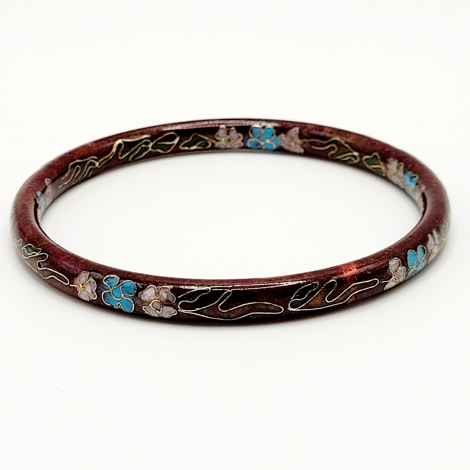 Cloisonné Deep Red Enamel Floral Hand Painted Asian Inspired Bangle Bracelet