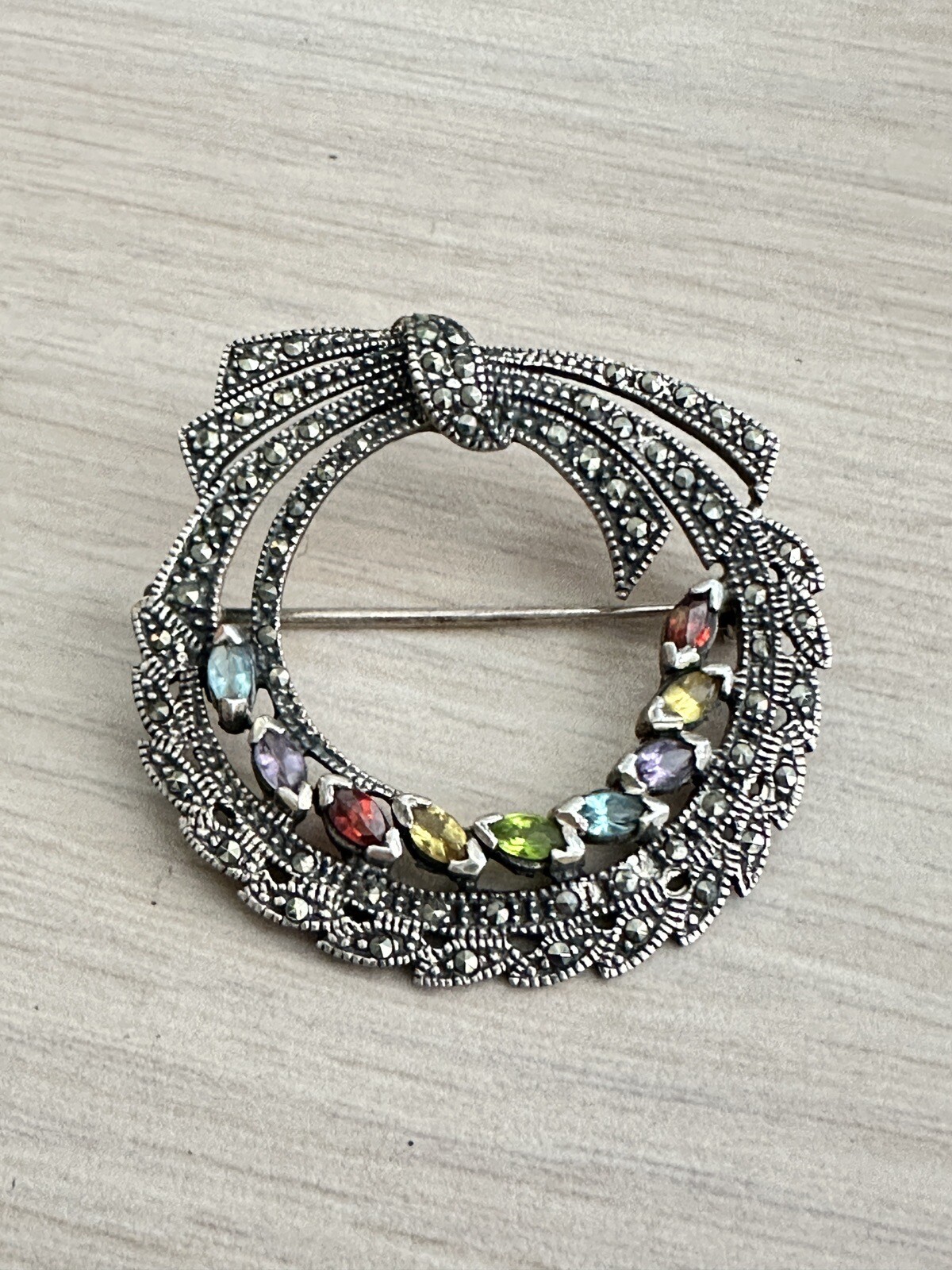 Sterling Silver Semi Precious Multicolor Stones and Marcasite Circle Bow Pin