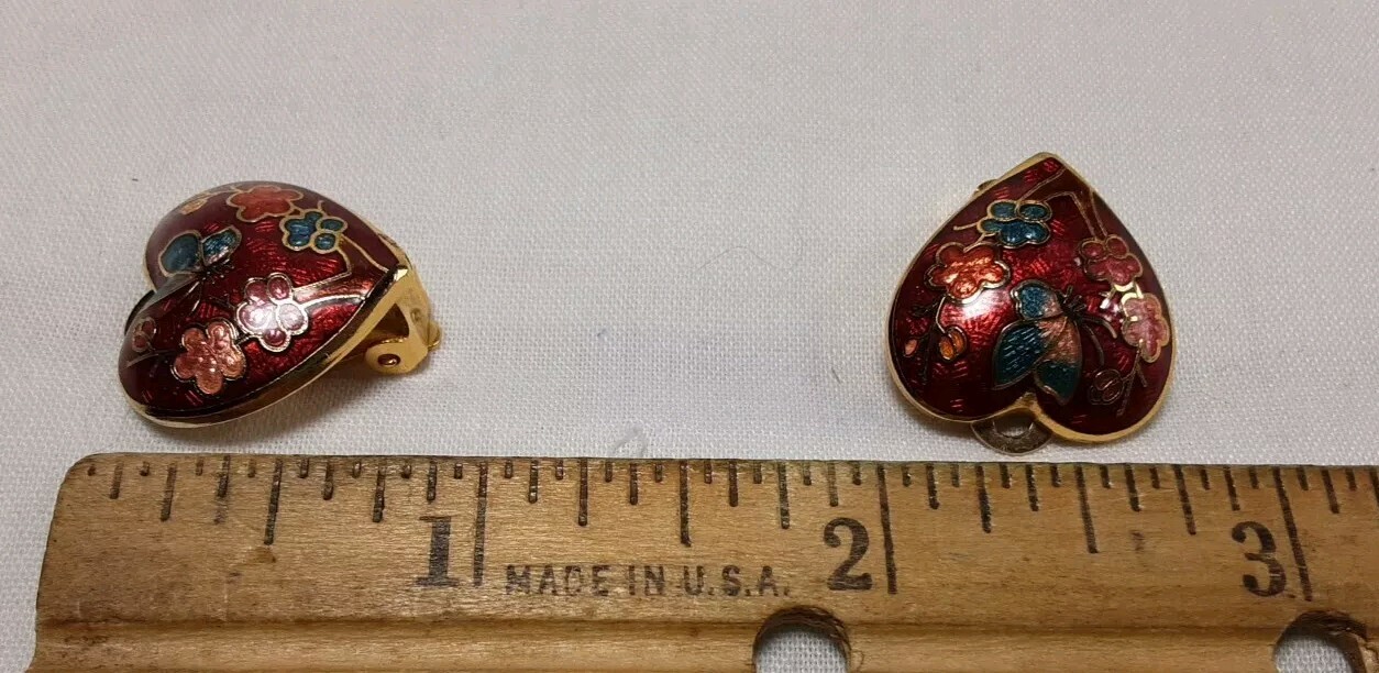 Earring Gold Tone Cloisonne Red Pink Blue Puff Heart Floral Butterfly Clip Vtg