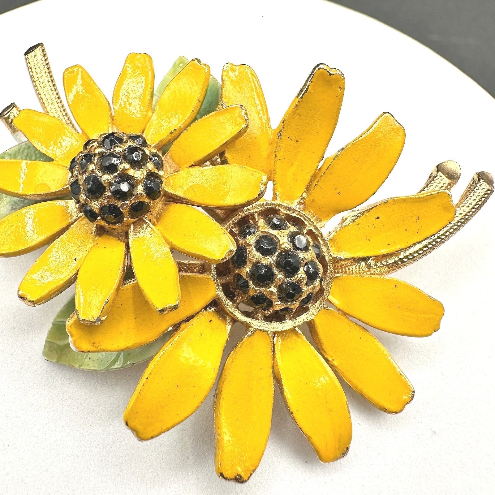 Vintage BSK Rhinestones Yellow Gold-Tone Vitreous Enamel Sunflower Brooch Pin