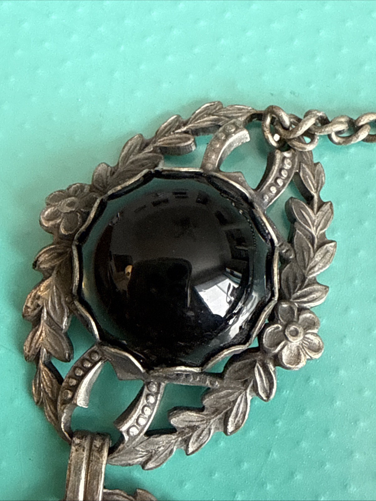 Silver Tone floral vintage panel bracelet with black stones 7”