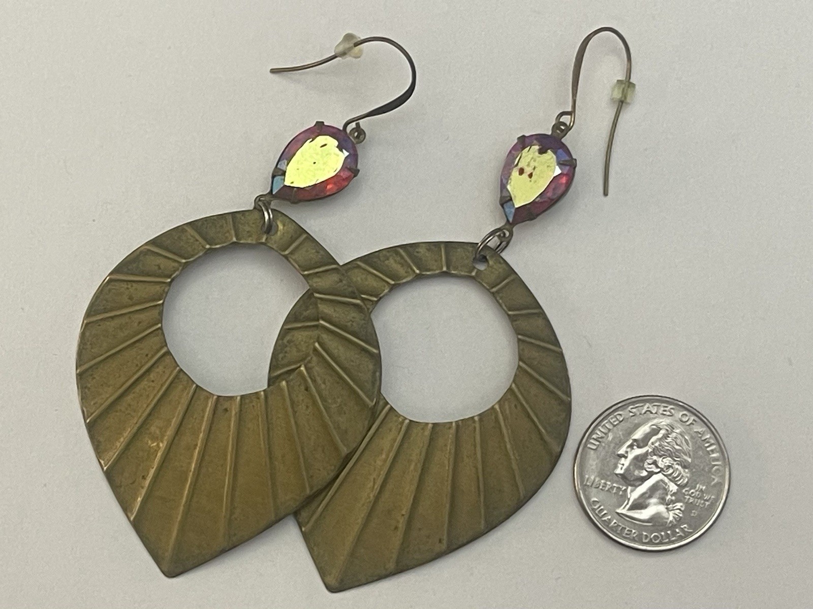 Brass Leaf Sun Shape Earrings Red Iridescent Glass Flare