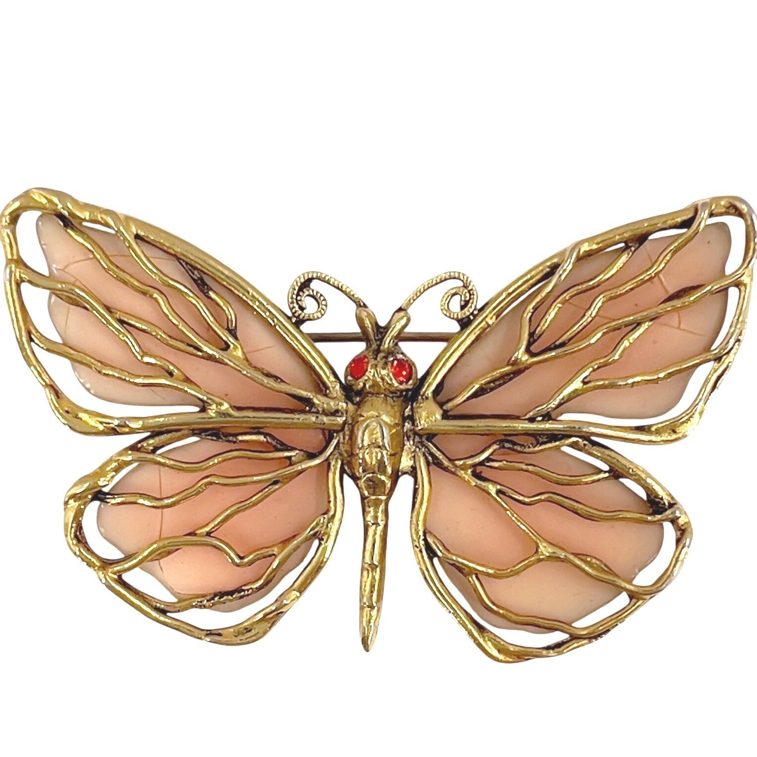 Vintage Butterfly Brooch Set Gold Tone Peach Pink Enamel Rhinestone 2pc