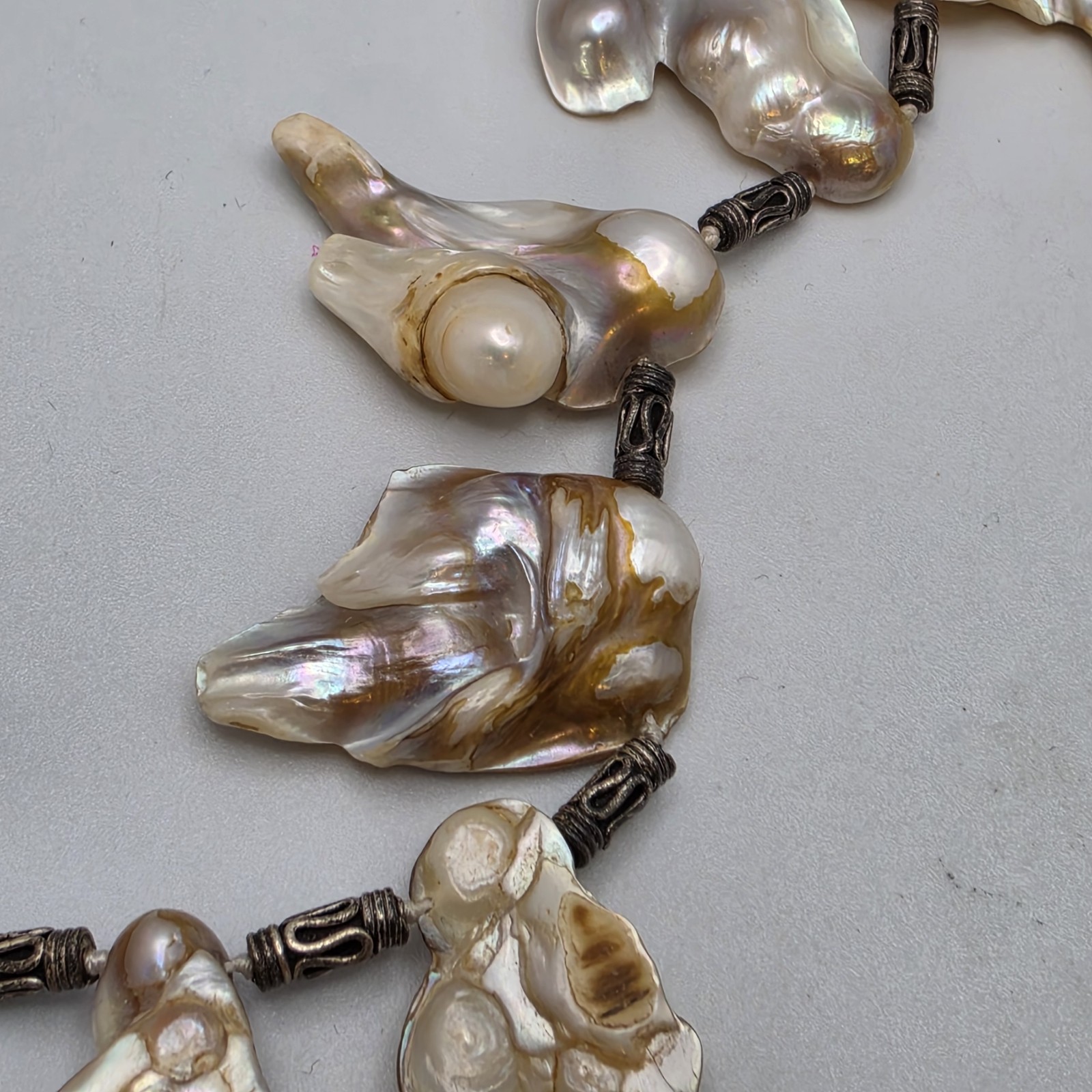Vtg Blister Pearl Shell Necklace Statement Fringe Sterling Bali Bead