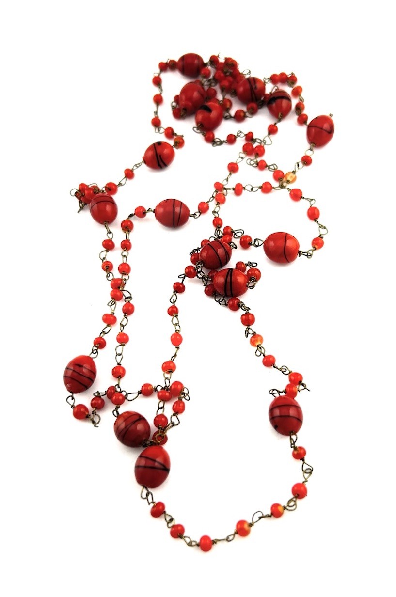 Vtg Red Venetian Style Glass Bead Necklace Black Swirl Accent Flapper 50″ Long