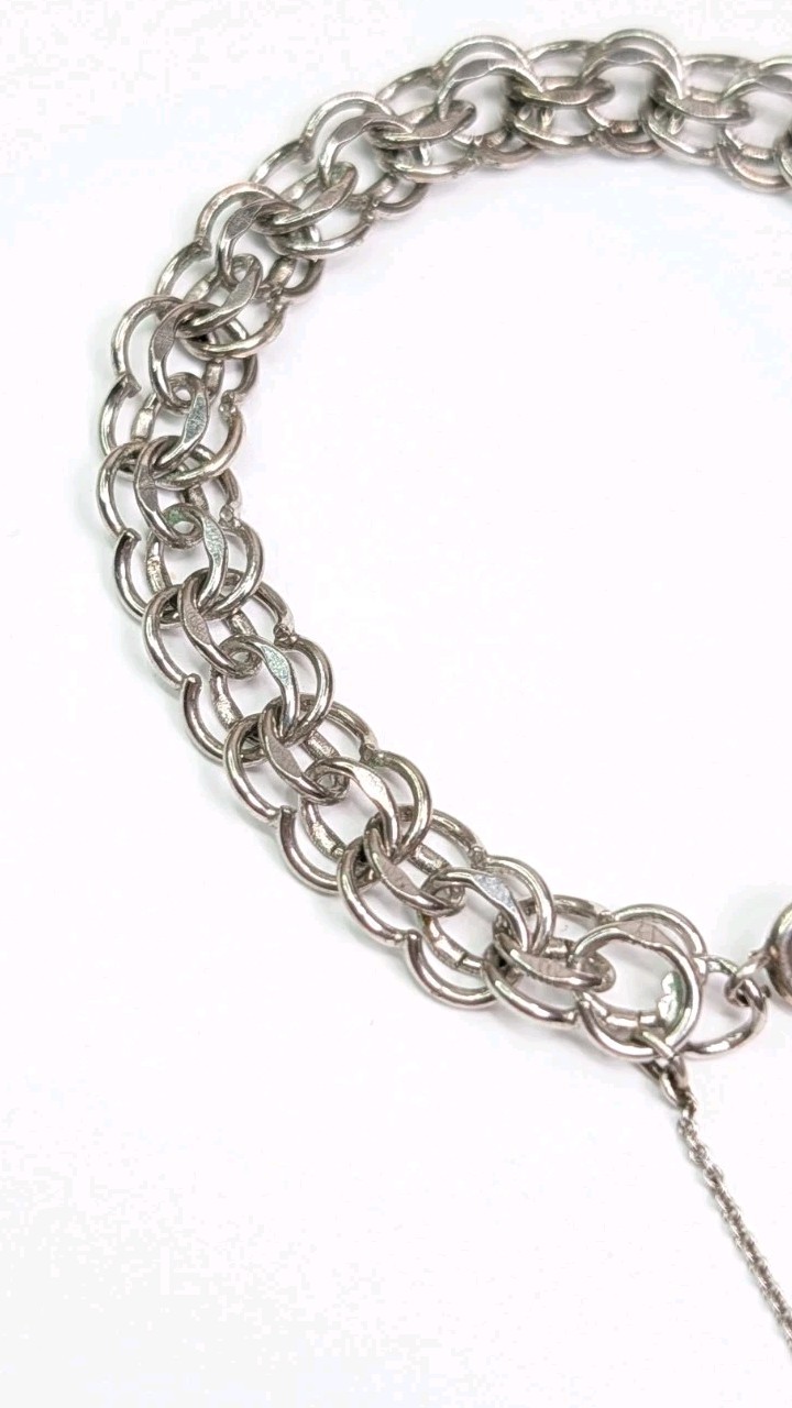 Vintage Sterling Silver Charm Bracelet Double Link 7″ Safety Chain C Clasp