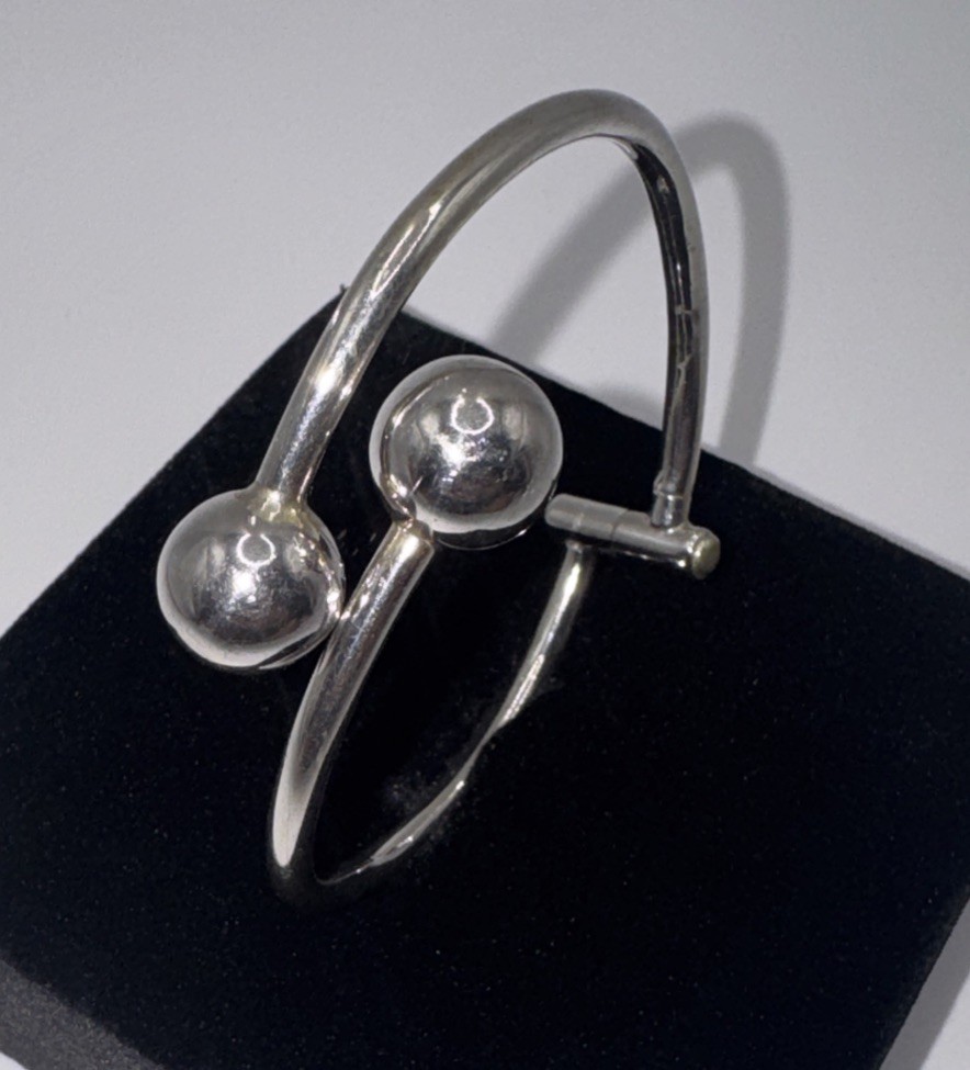 Vintage ATI Mexican Silver 925 Orb Ball Hinge Adjustable Cuff Bangle Bracelet