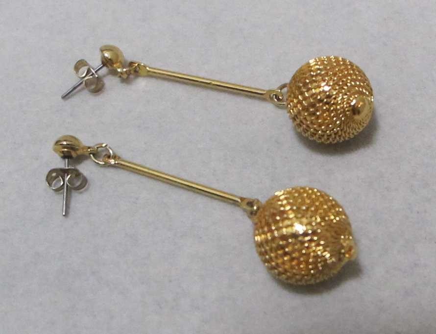 FISHNET Mesh Covered Gold Tone Bead Vertical Bar Dangle Post Earrings 2-3/8”