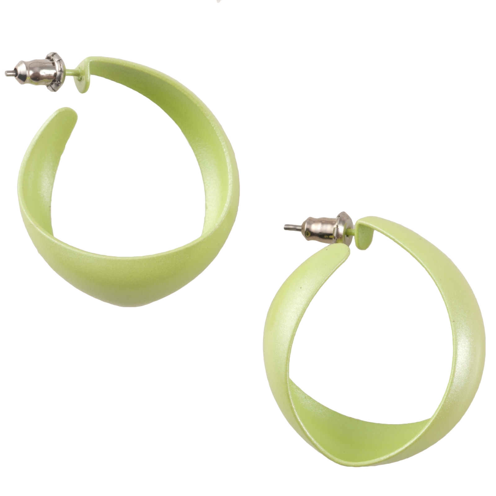 Pastel Lime Green Enamel Curved Hoop Pierced Earrings 1″ 1980s Retro