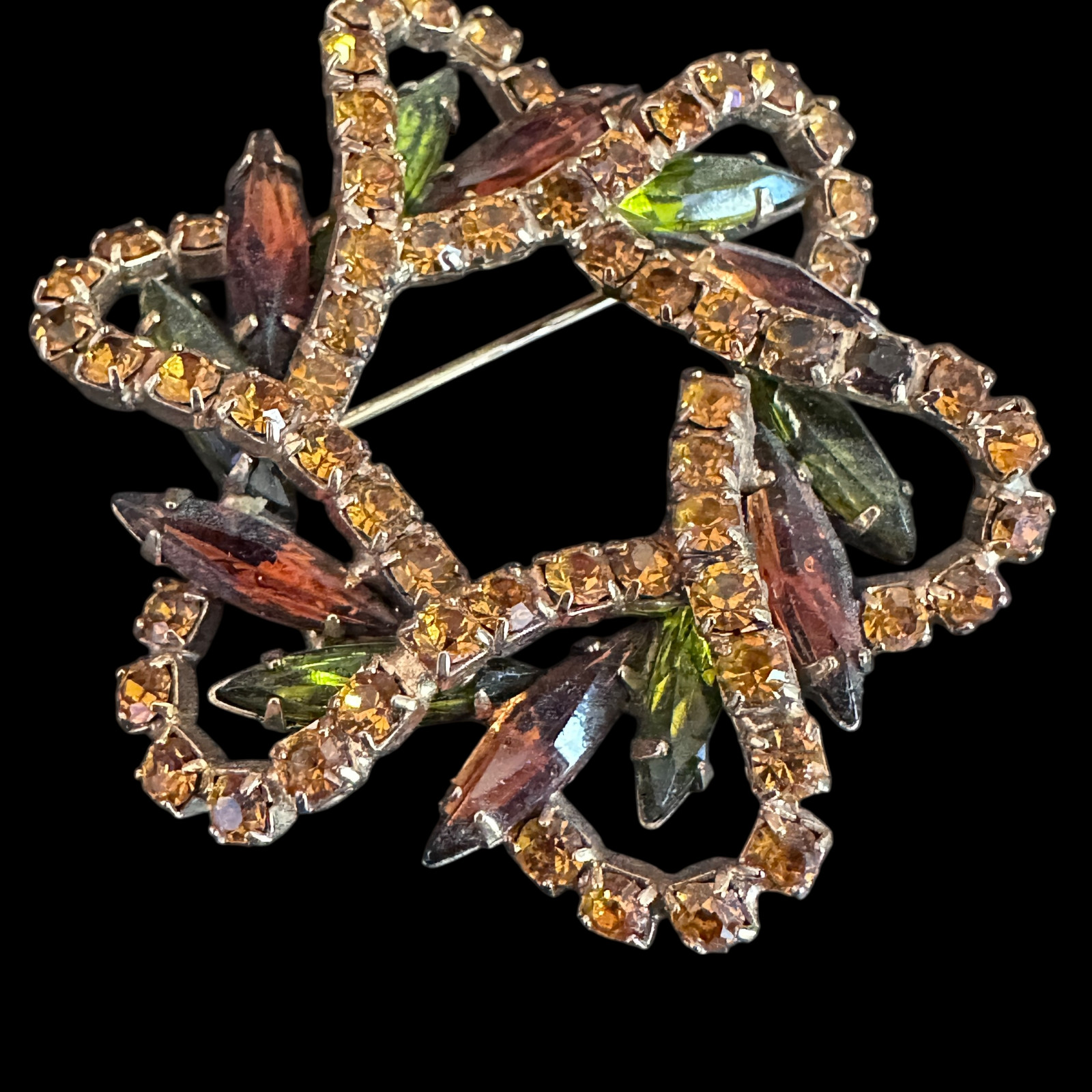 Vintage Rhinestone Brooch – Fall Colors Green & Amber Pinwheel 1960s