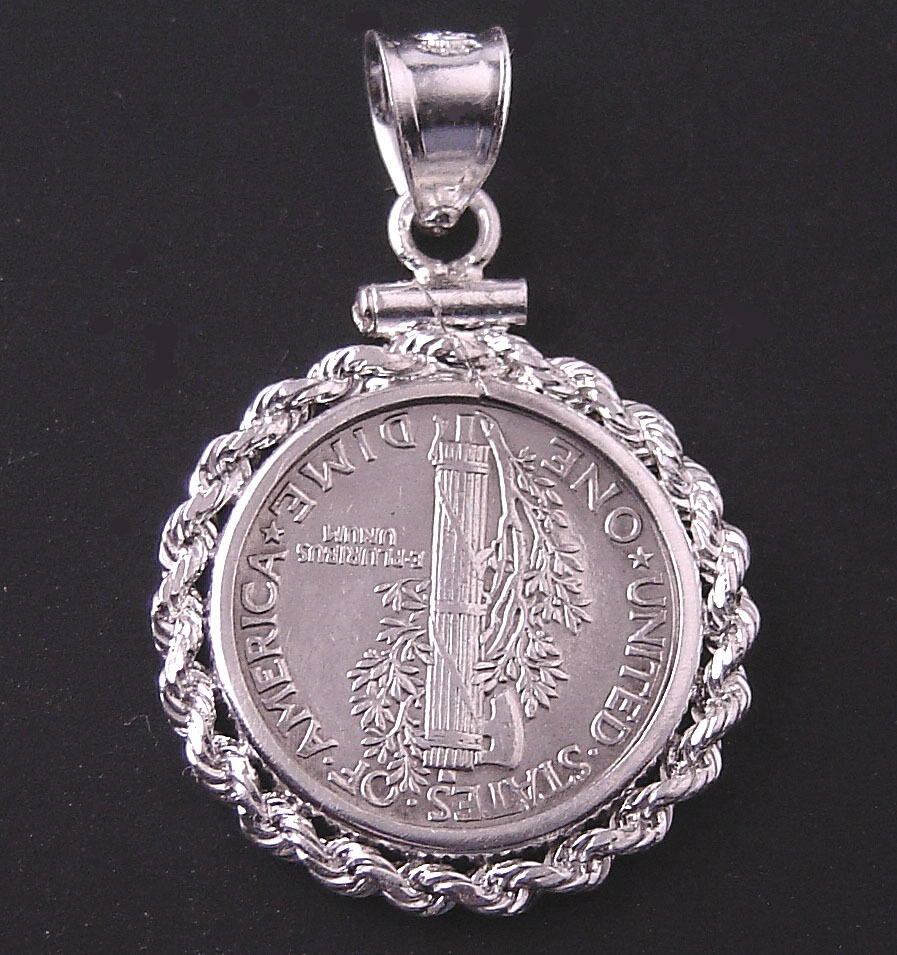 Coin Pendant Silver Vintage Mercury Dime Sterling Silver Rope Bezel with Bail US
