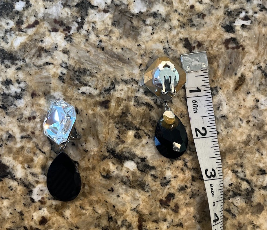 Vintage Glass Black Clear Faceted Crystal 2.5” Statement Drop Clip On Earrings