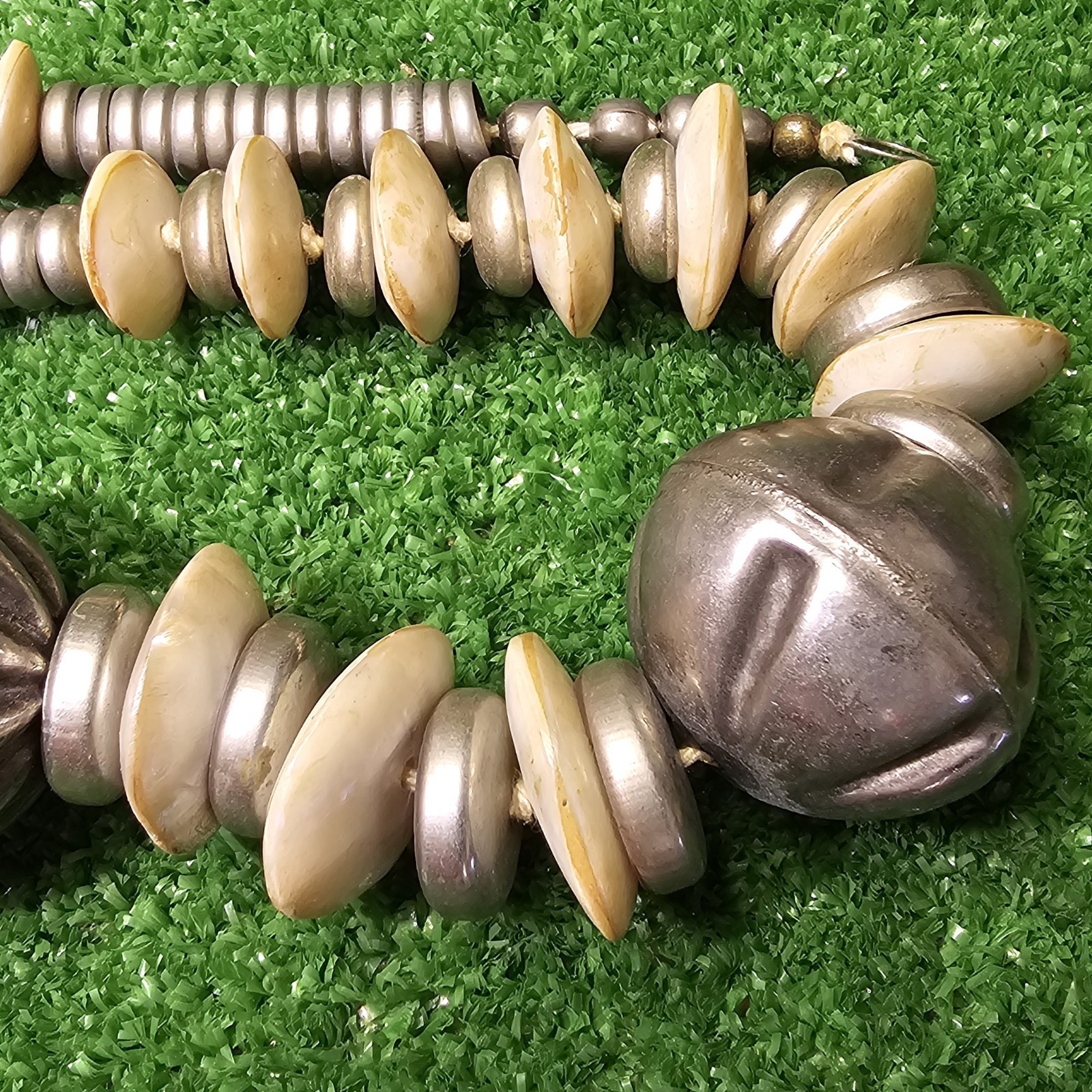 Tribal Ethnic Statement Necklace Pewter & Seashells 27″ Hook & Clasp
