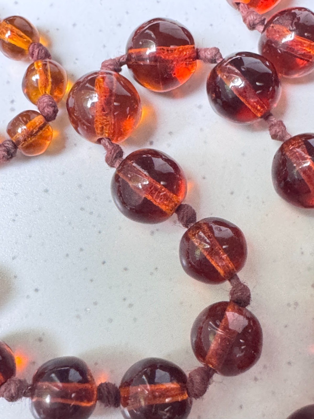 Vintage ART DECO Graduated Bead FAUX Amber Necklace, Czech Glass, Hand knot, 32”