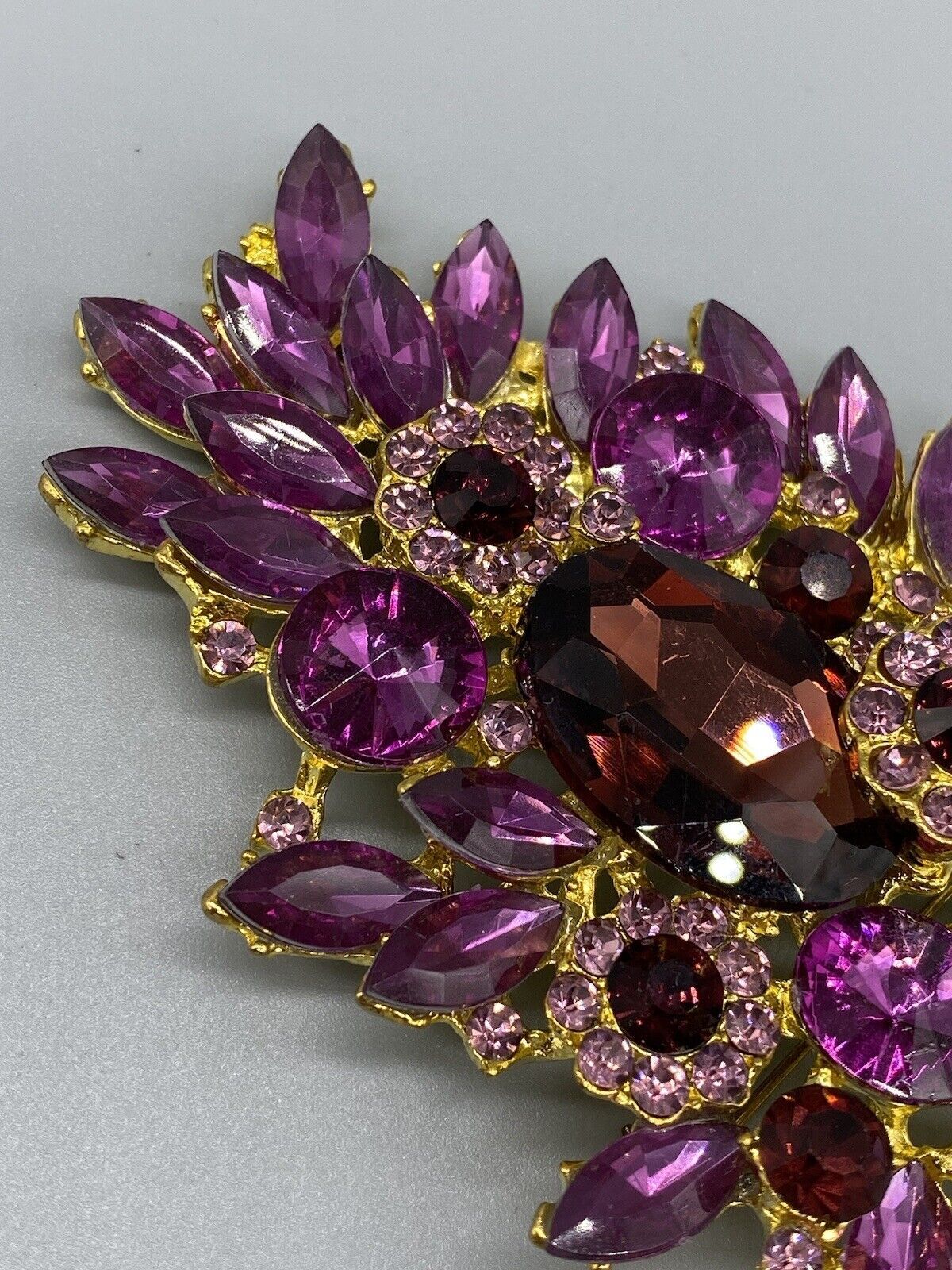 Gold Tone Purple Pink Fuchsia Red Big Rhinestone Large Flower Floral Pin Brooch