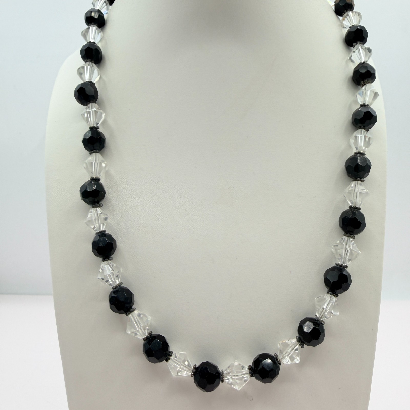 Vintage Black Clear Crystal Bead Necklace Bracelet Dangle Earrings Matching Set