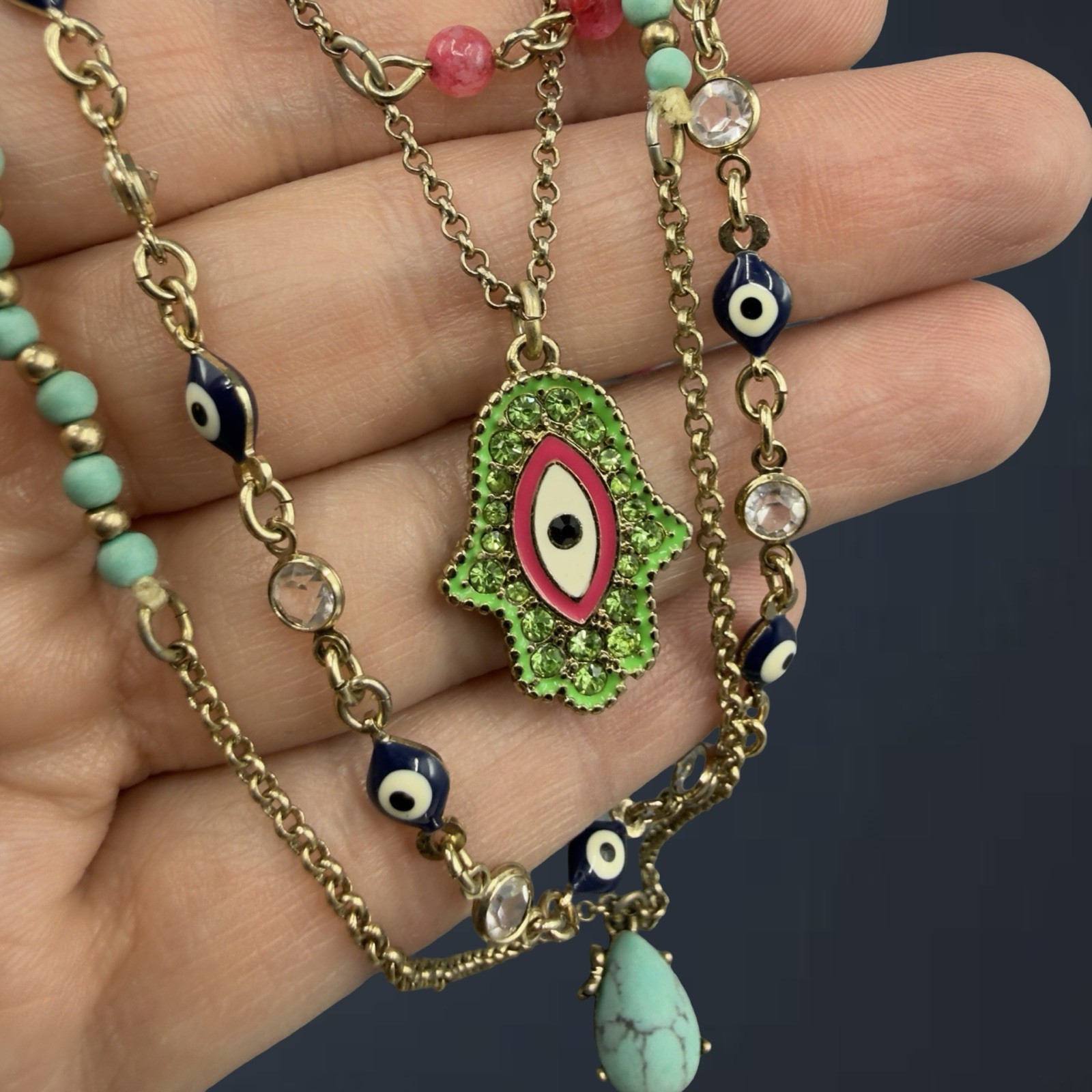 RETIRED Betsey Johnson 🎀 RHINESTONE Evil Eye Hamsa Layered Necklace Turquoise