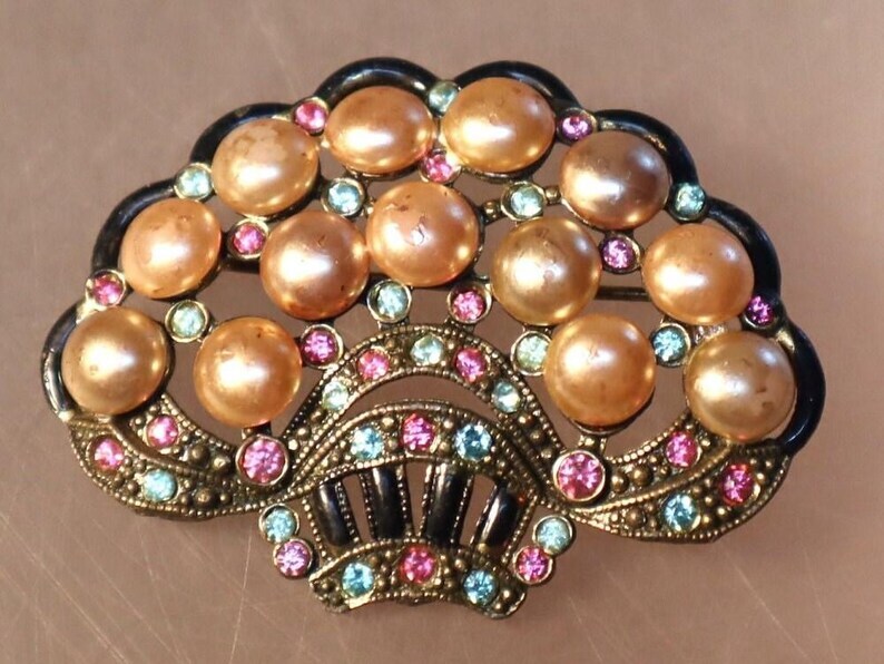 Art Deco Rhinestone Flower Basket Brooch New England Glass Works Pin