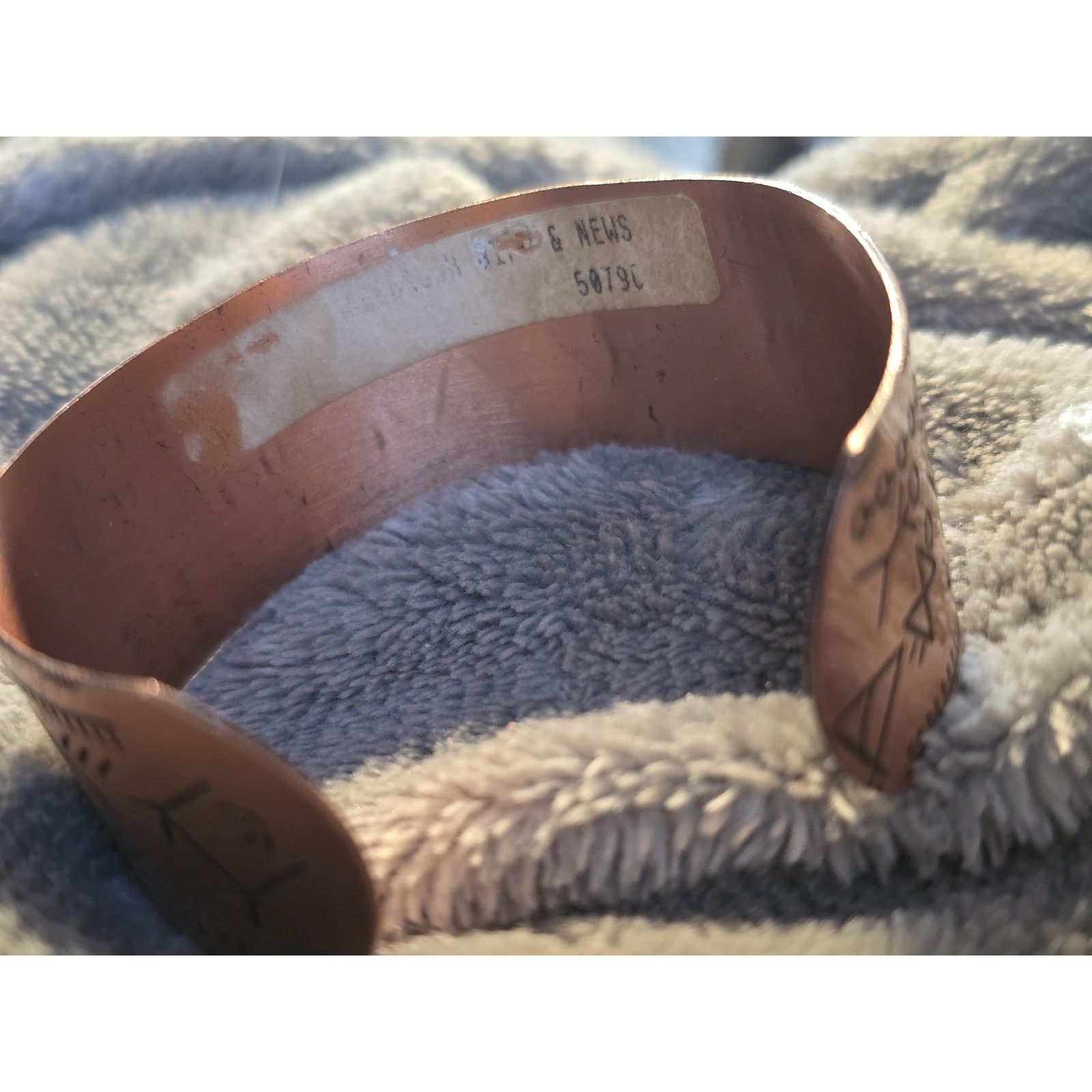 Vintage Solid Copper Cuff Bracelet | Hieroglyphic Etched Design | 7” Open Cuff