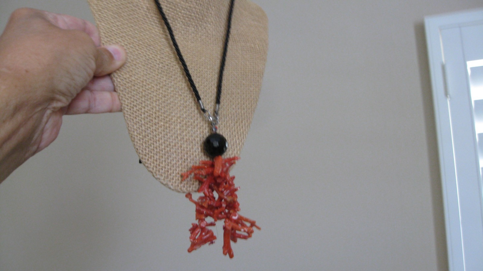 Vintage Branch of Coral Faceted Crystal or Onyx On Black Silk Cord Necklace NICE