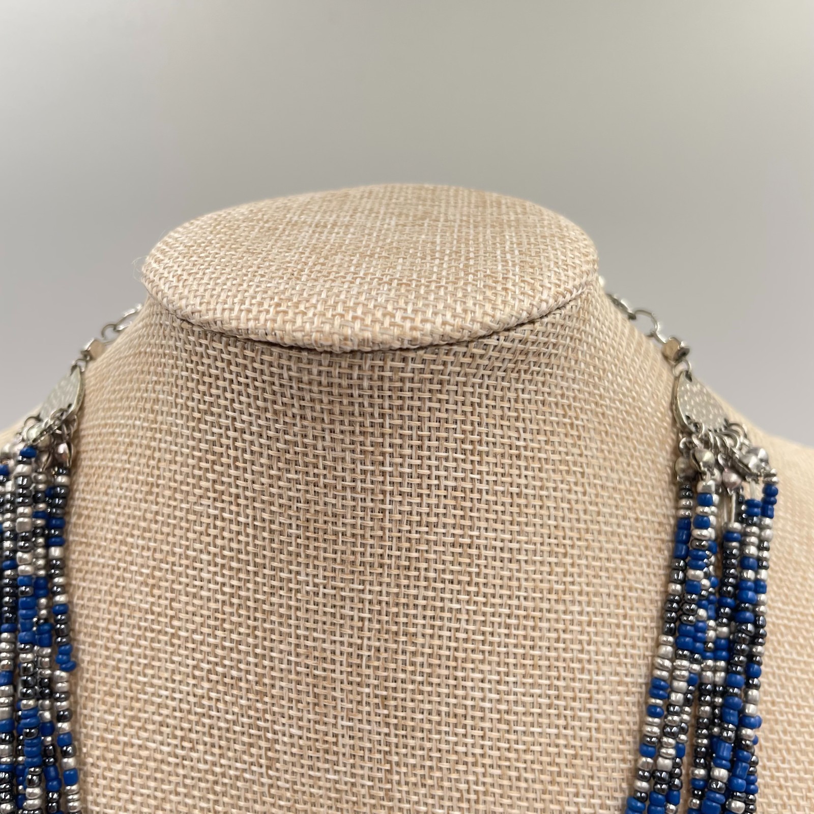 VTG Multi-Strand Seed Bead Necklace Silver Blue Boho Statement Bib Layered Long