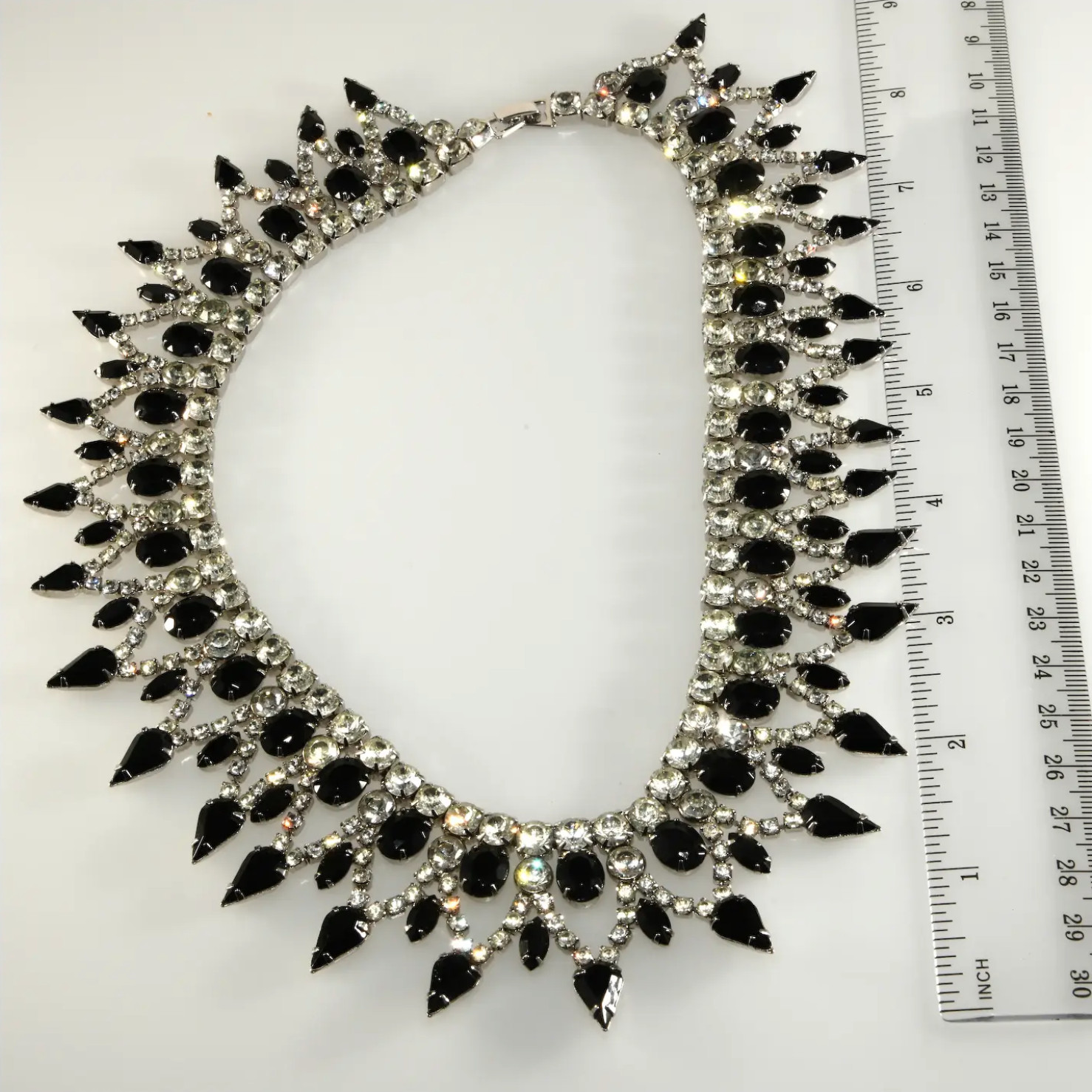 VTG Dominique Collar Necklace Opaque Black & Clear Rhinestones Crystals