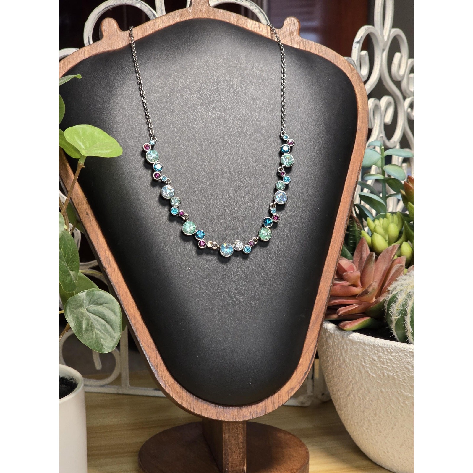 Napier Crystal Necklace Teal Blue Pink Rhinestone Necklace Gunmetal Tone