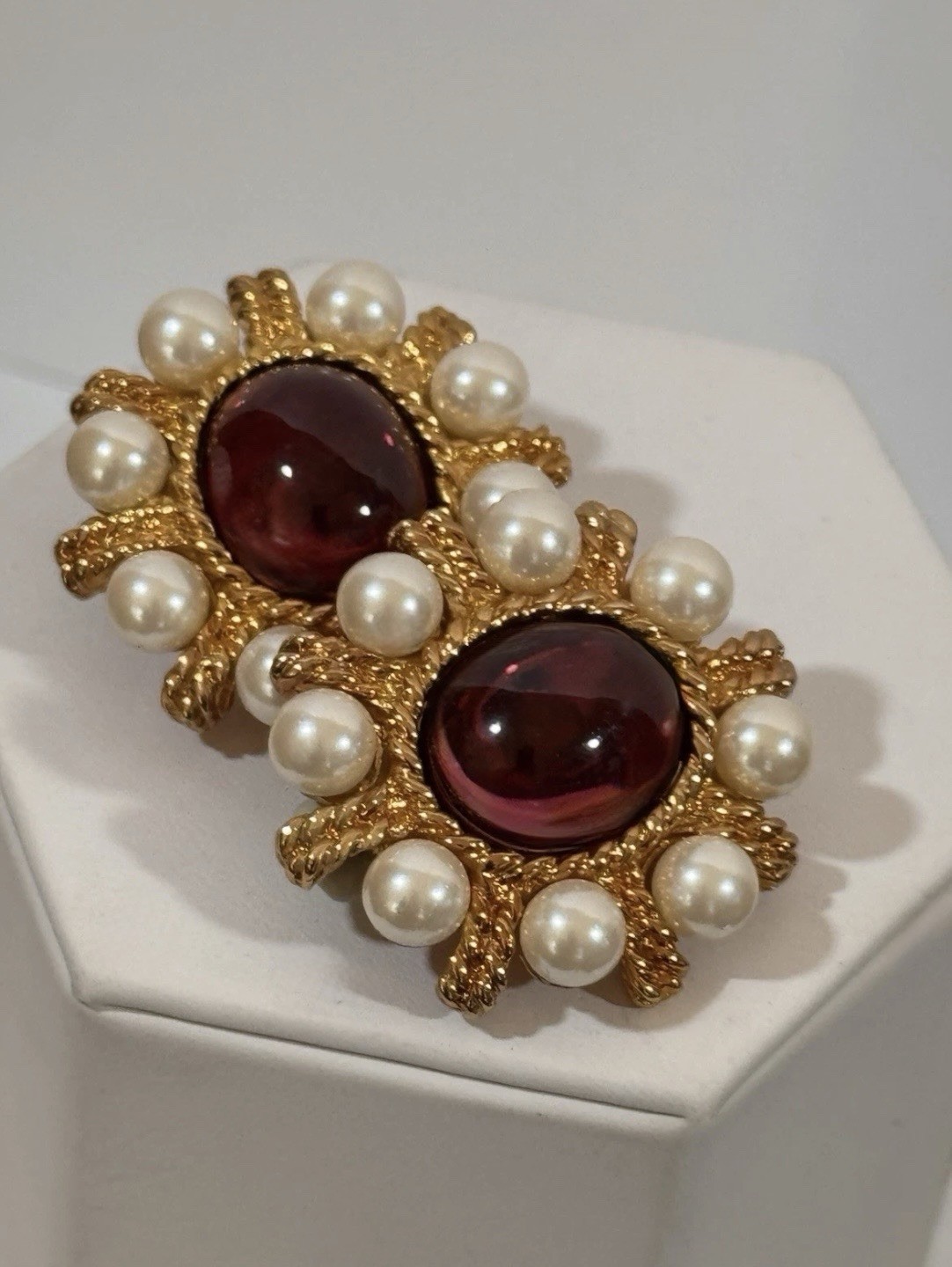 Vintage NOS Ciner Ruby, Emerald & Blue Gripoix Glass Cabochon & Pearl Earrings!