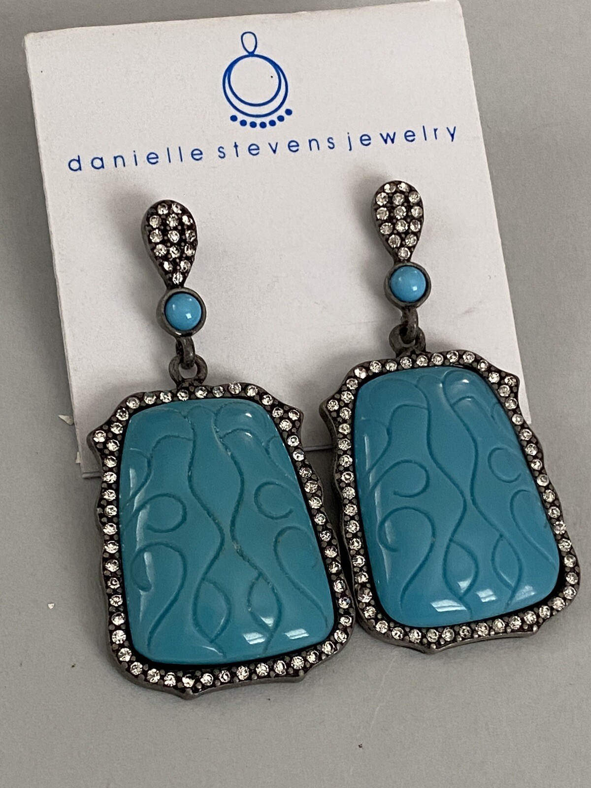 New Danielle Stevens Rhinestone Molded Turquoise Drop Dangle Post Earrings