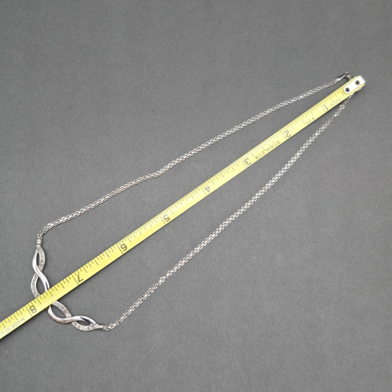 Vintage CW Sterling Silver CZ Infinity Wave Bar Choker Necklace 15″ Designer