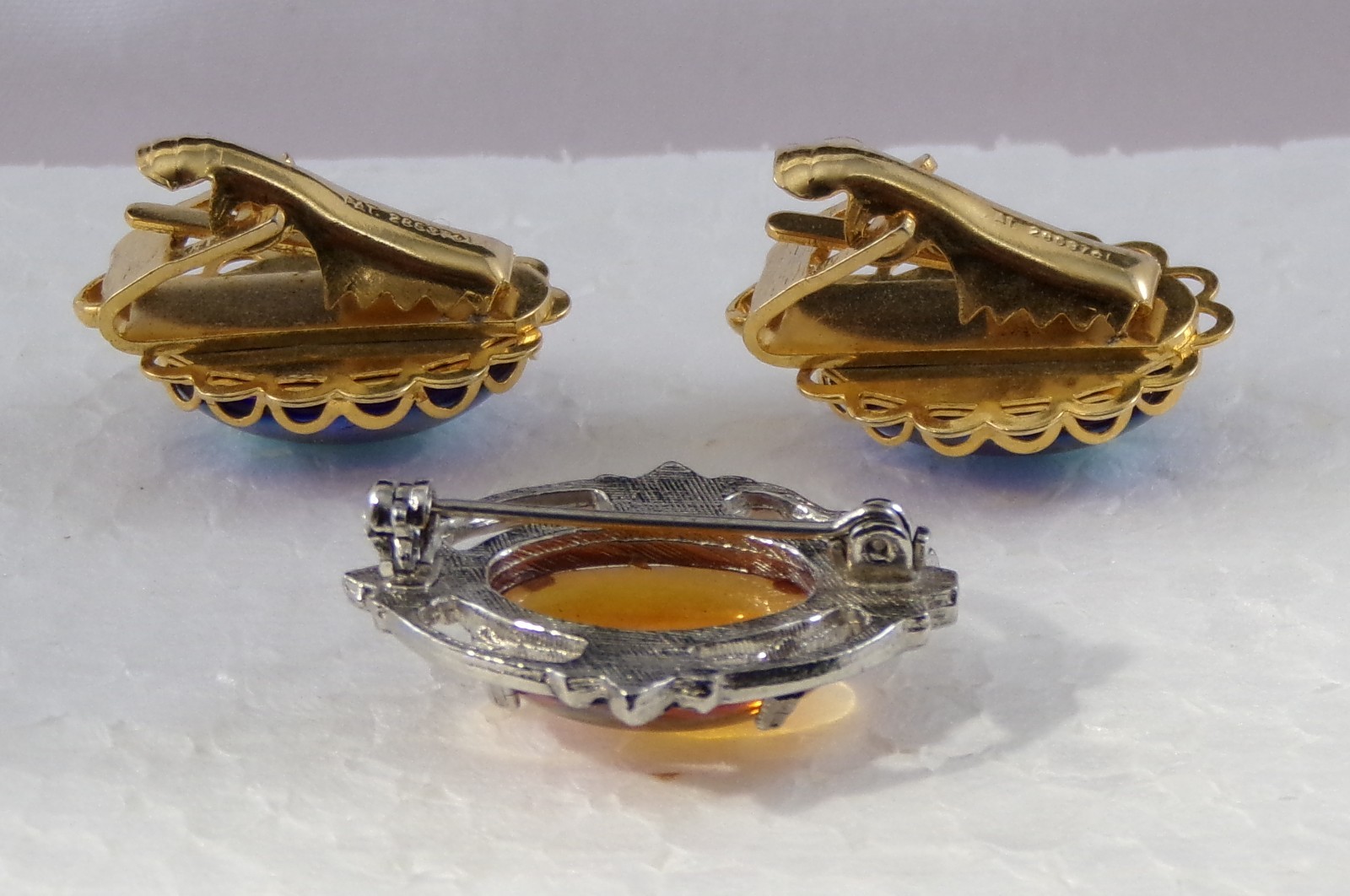 Vintage Iridescent EARRINGS and BROOCH PIN Oil Slick Glass Cabochon 1950-60s