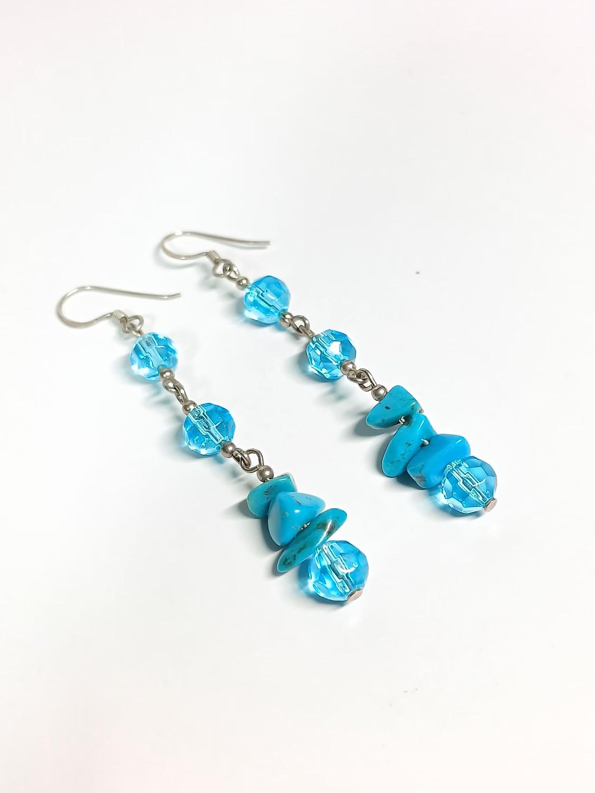 Sterling Silver Turquoise Chip Blue Crystal Dangle Earrings