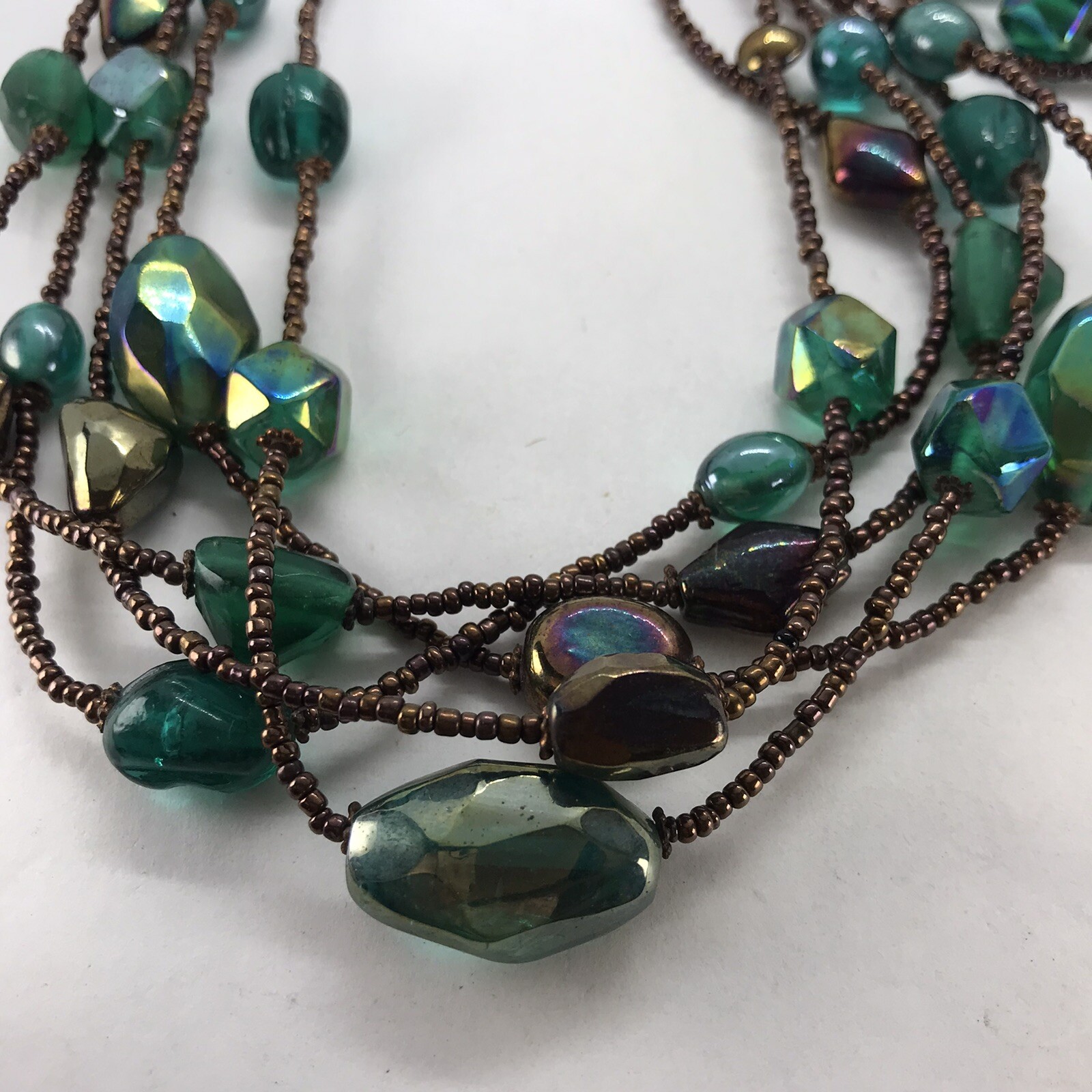 Vintage Artisan Glass Bead Necklace Multi strand with matching stretch bracelets