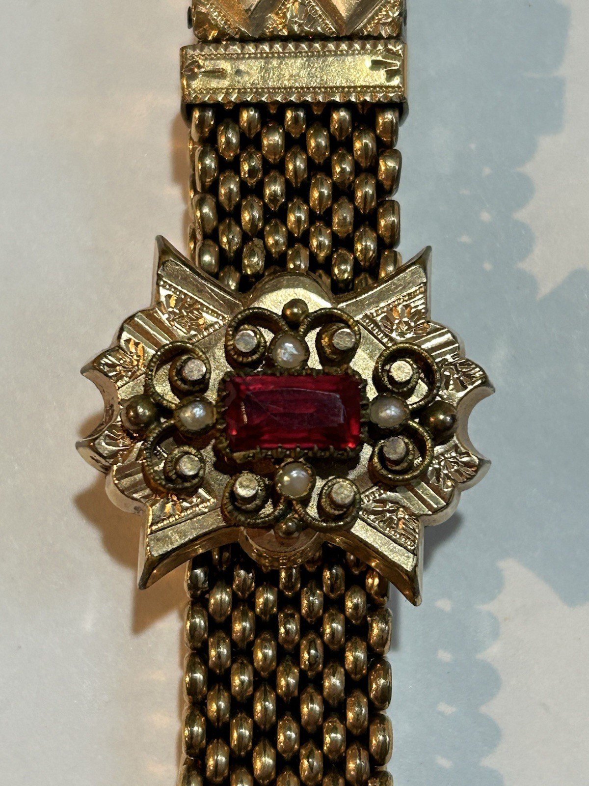 Victorian Gold Filled Slide Bracelet Red Stone Seed Pearls Tassels