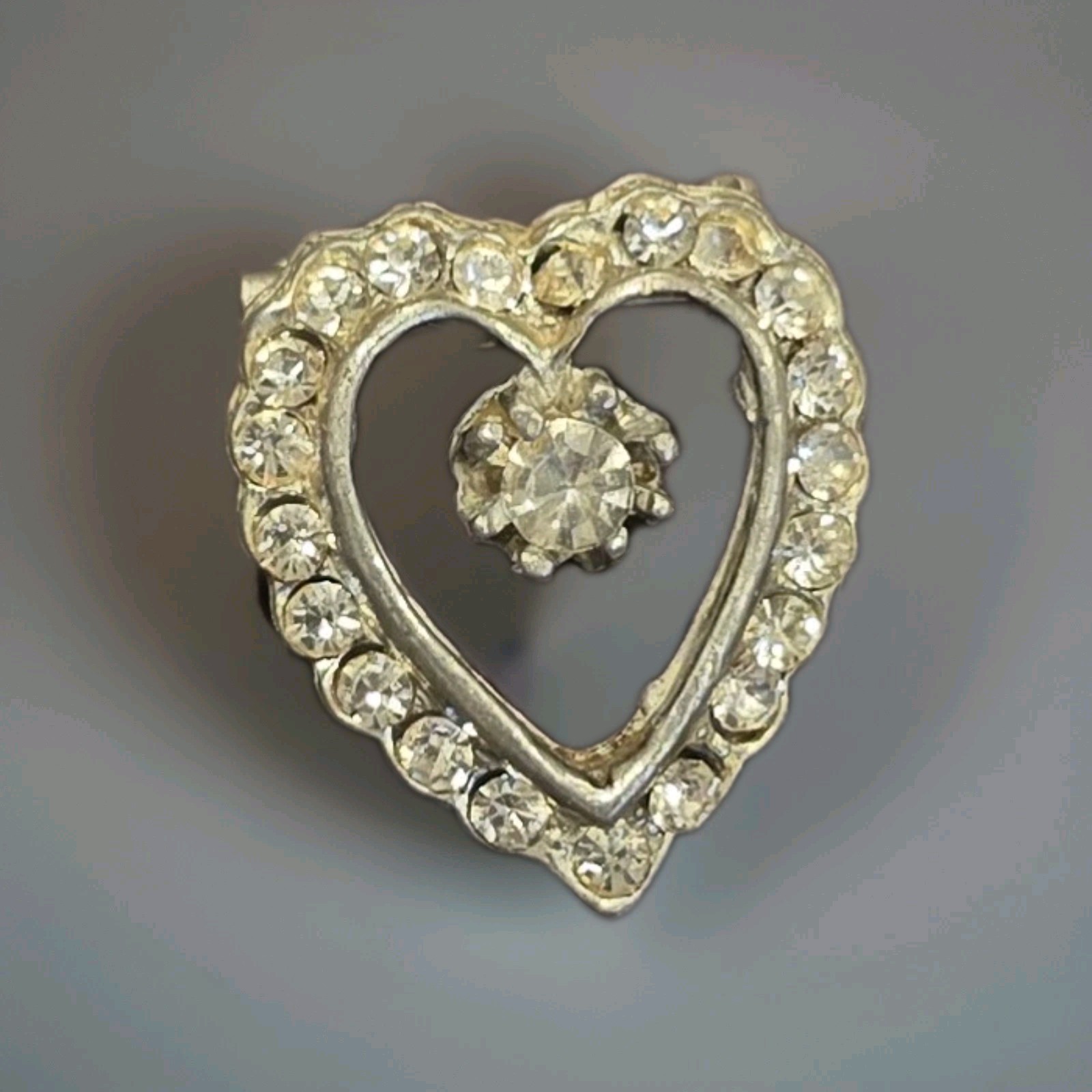 Vintage Rhinestone Heart Brooch Pin Gold Tone Clear Stones Open Heart Lapel Pin
