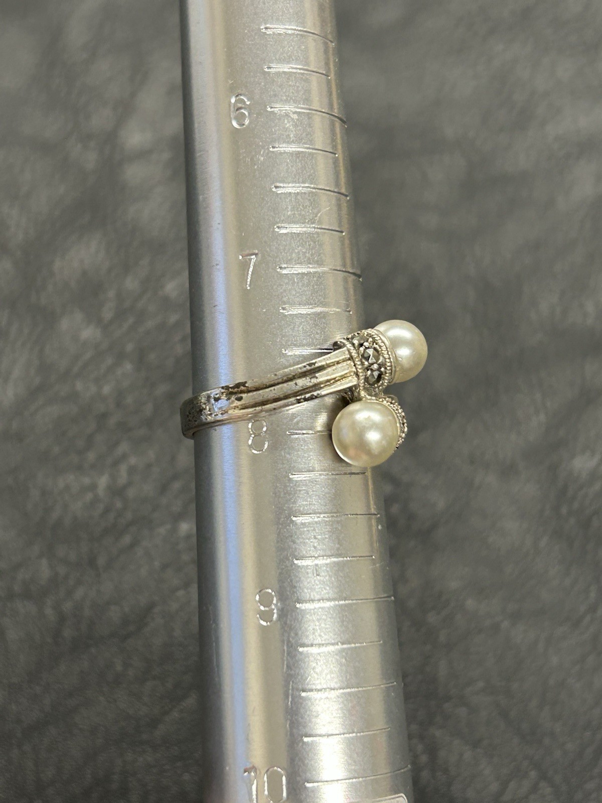 Vintage Sterling Silver 926 Faux Pearl & Marcasite Bypass Ring Size 7.75