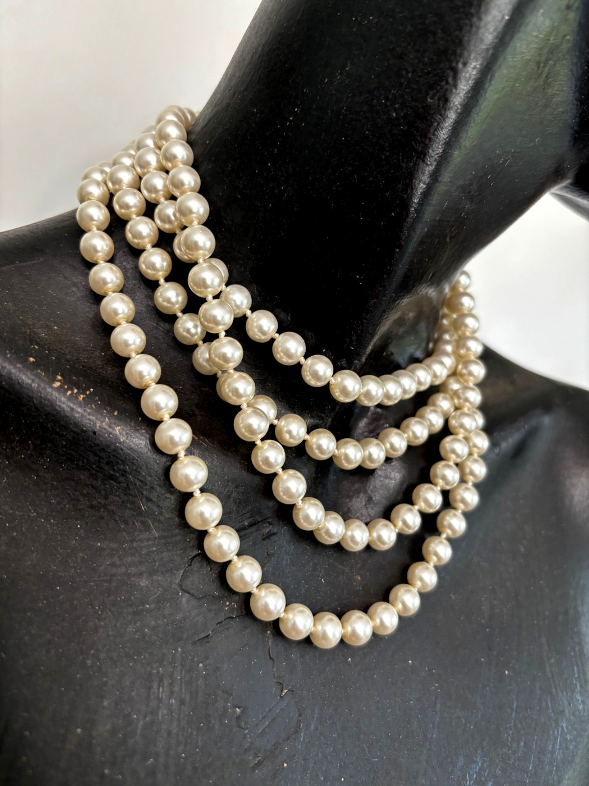 Vintage 60” White Faux Pearl Glass Hand Knotted Beaded Endless Strand Necklace