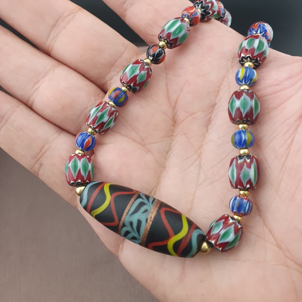 Vintage Venetian Style Multicolor Chevron Glass Beaded Necklace | 24in 8.7–39mm