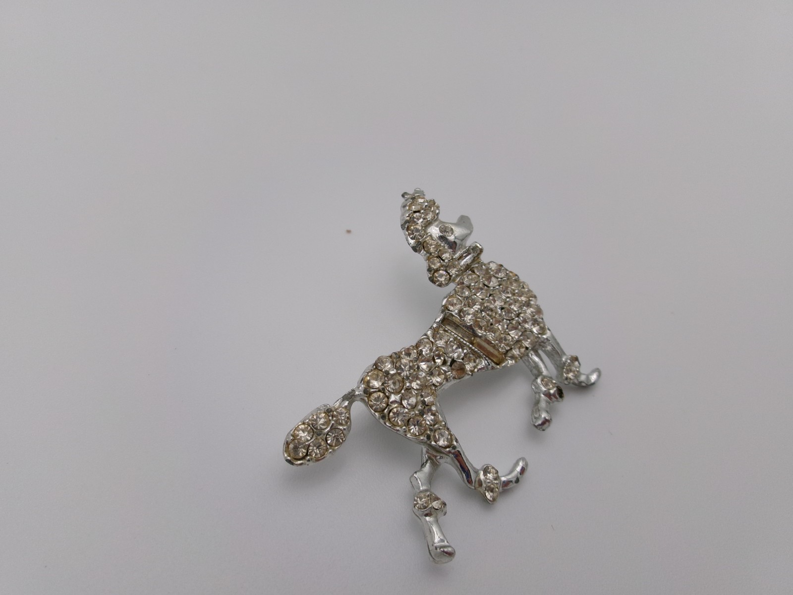 Vintage Poodle Dog Brooch Pin Mid Century Modern Rhinestones SIlvertone Unsigned
