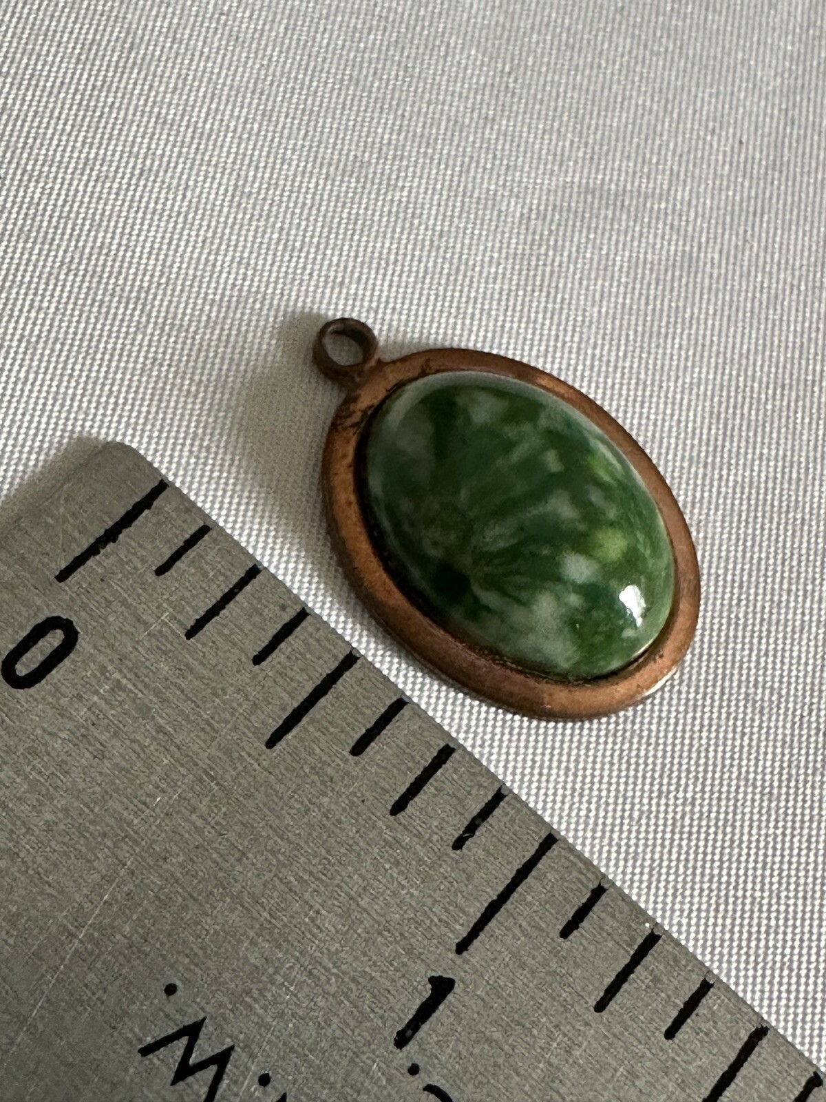 Vintage Green White Stone Cabochon Pendant Copper Tone Metal Oval Shape B11