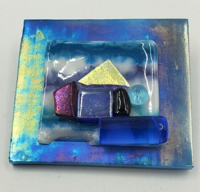 Classy Fused Glass House on Beach Pin. Blues Gold Red Brooch Blue Ocean View