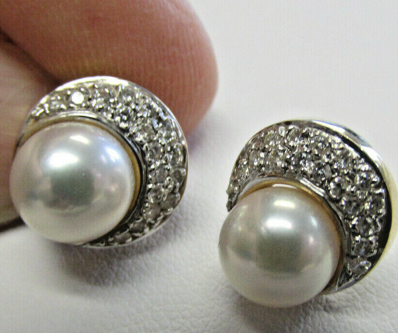 Stunning Akoya Pearl and Diamond Pave Stud Earrings in 14k Gold MAKE OFFER