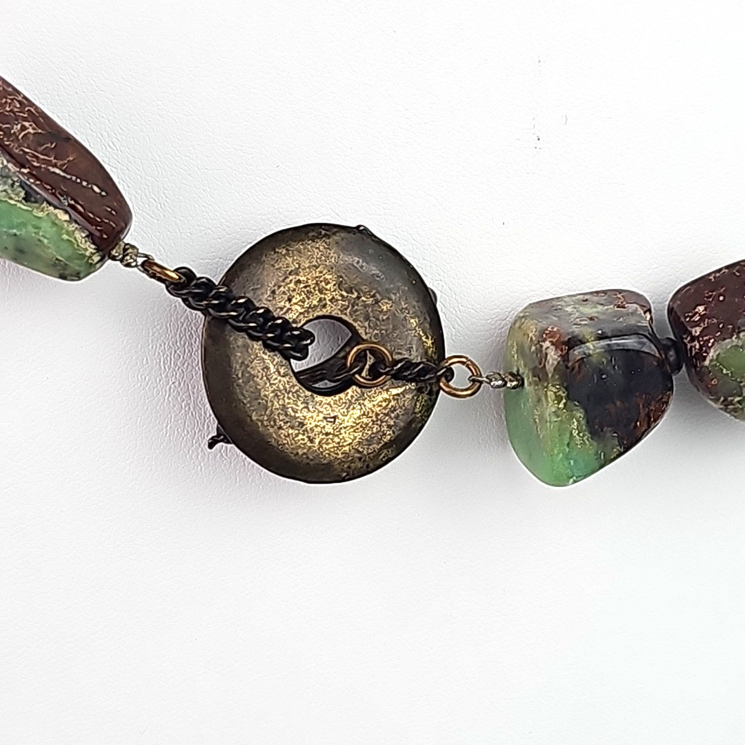 Vintage Green Brown Gemstone Nugget Necklace Chunky Statement 16 Inch