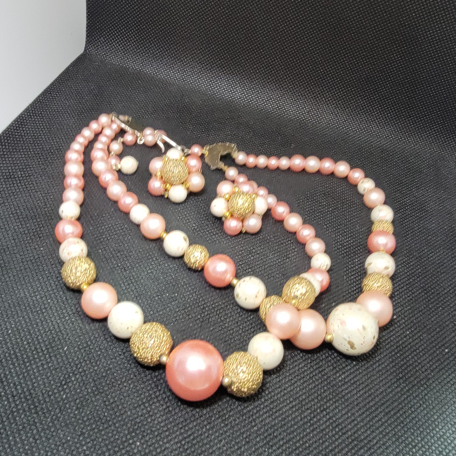 Vintage Pink Multi Strand Beaded Necklace Earrings Set Gold Tone READ