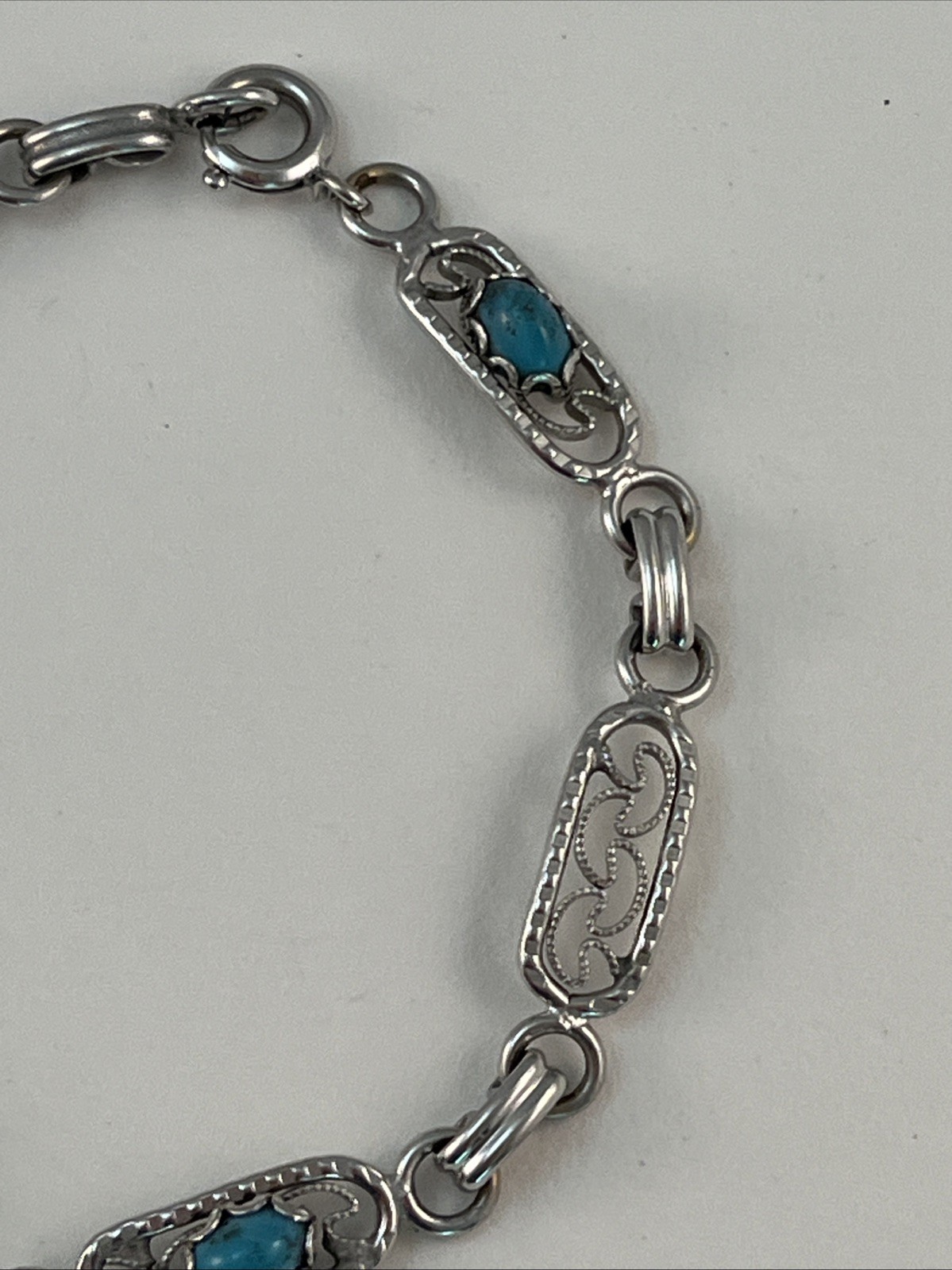 1/20 12K GF White Gold Filled Faux Blue Turquoise Link Bracelet 7 1/4″