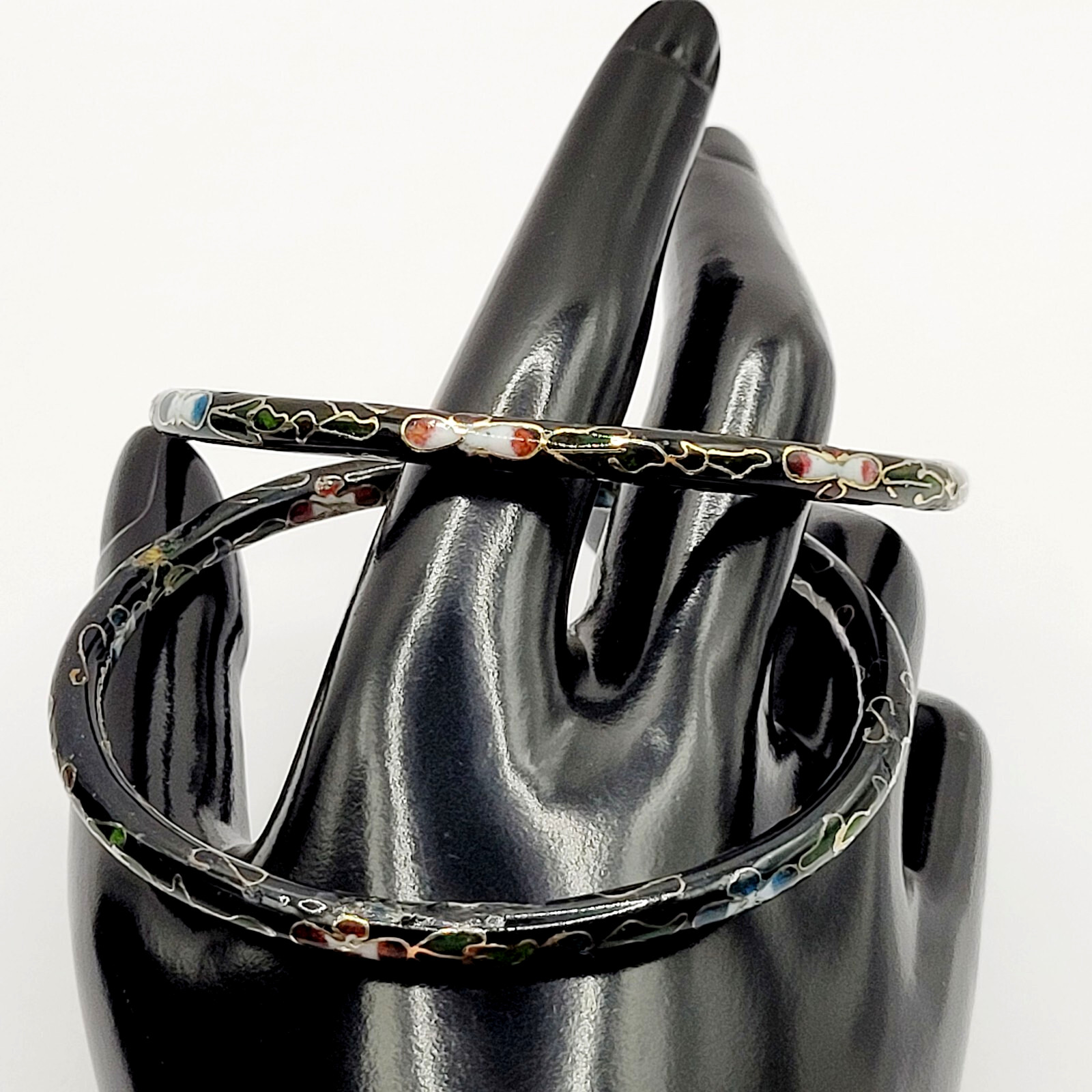 2 Cloisonné Asian Inspired Black Dark Shiny Floral Hand Painted Bangle Bracelet