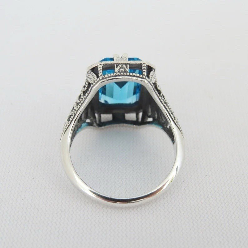 Art Deco Aquamarine Ring Vintage Filigree Aqua Emerald Cut Statement Jewelry