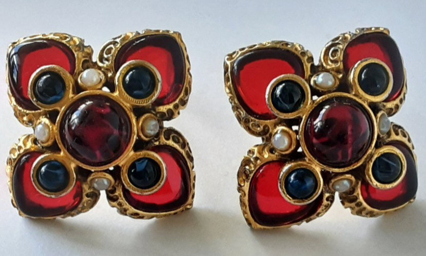 GRIPOIX GLASS~ BARRERA EARRINGS~ CABOCHON FAUX RUBIES~SAPPHIRES~PEARLS~