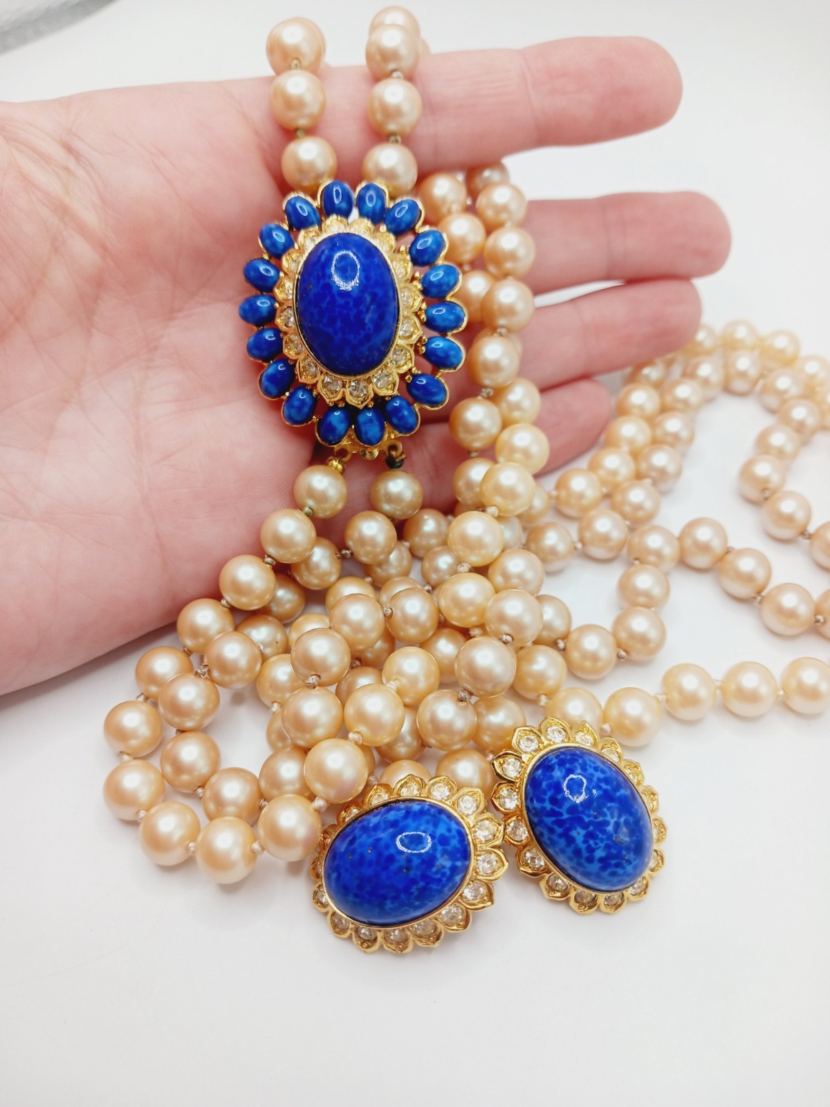 Vintage Set faux Lapis Lazuli mottled Glass Necklace pearl dome cabochon mogul